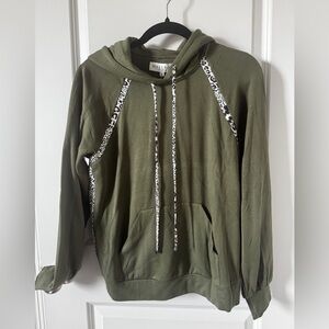 NWT Hale Bob Olive Hoodie with Leopard Print Drawstrings Size Medium
